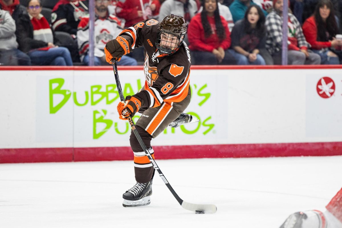 Columbus, OH - Falcons freshman forward Jérémie Minville (8) takes a shot during a game between the Bowling Green Falcons and the Ohio State Buckeyes at Value City Arena in Columbus, Ohio.