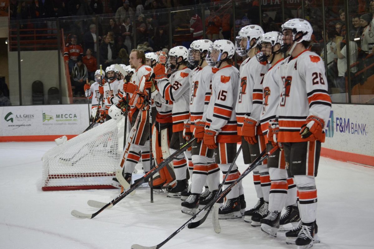 Bowling Green, OH - Falcons lined up for the alma mater at the Slater Family Ice Arena in Bowling Green, Ohio.
