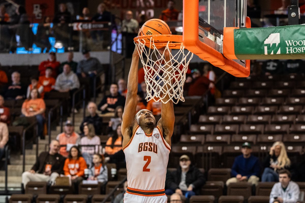 Bowling Green, OH - Falcons senior guard Javontae Campbell (2) slams one home during a game between the Eastern Michigan Eagles and the Bowling Green Falcons at the Stroh Center in Bowling Green, Ohio.
