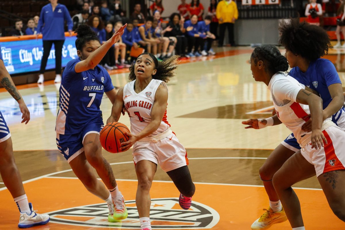 Bowling Green, OH - Falcons senior guard Kaia Woods (1) going for two during a match between the Bowling Green Falcons and the Buffalo Bulls at the Stroh Center in Bowling Green, Ohio.