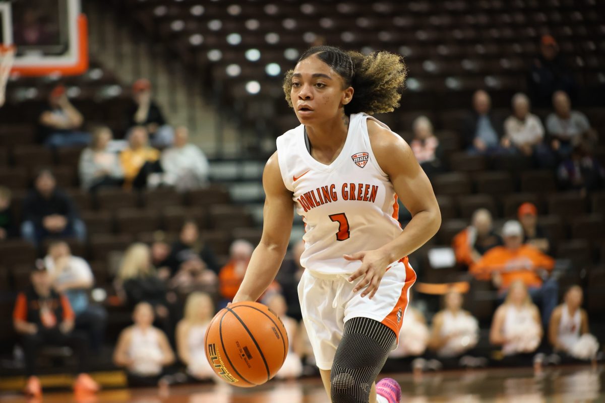 Bowling Green, OH - Falcons senior guard Kaia Woods (1) dribbling down court in a game between the Bowling Green Falcons and the Western Michigan Broncos at the Stroh Center in Bowling Green, Ohio.