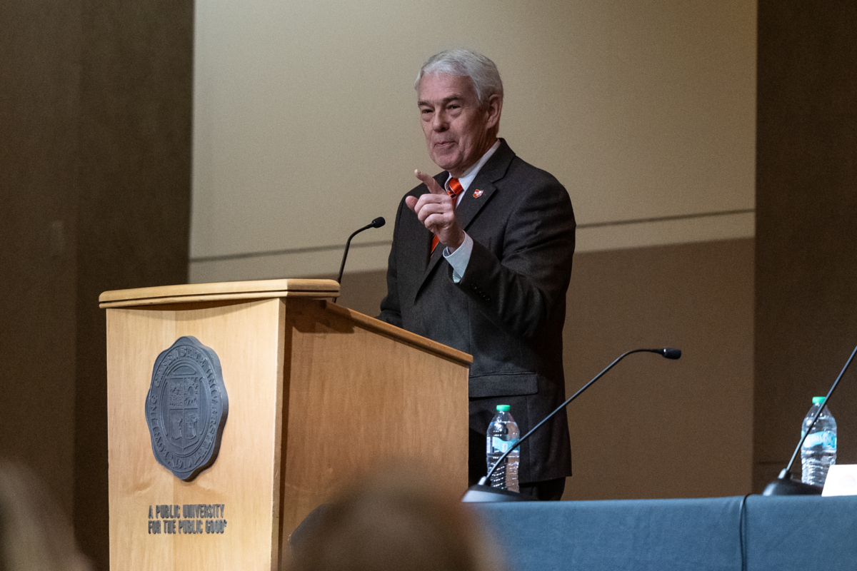 Bowling Green, OH - Former Chancellor of Ohio higher education Randy Gardner speaks during Bowling Green State University’s annual “Day of Dialogue” event in the Bowen-Thompson ballroom, in Bowling Green, Ohio.