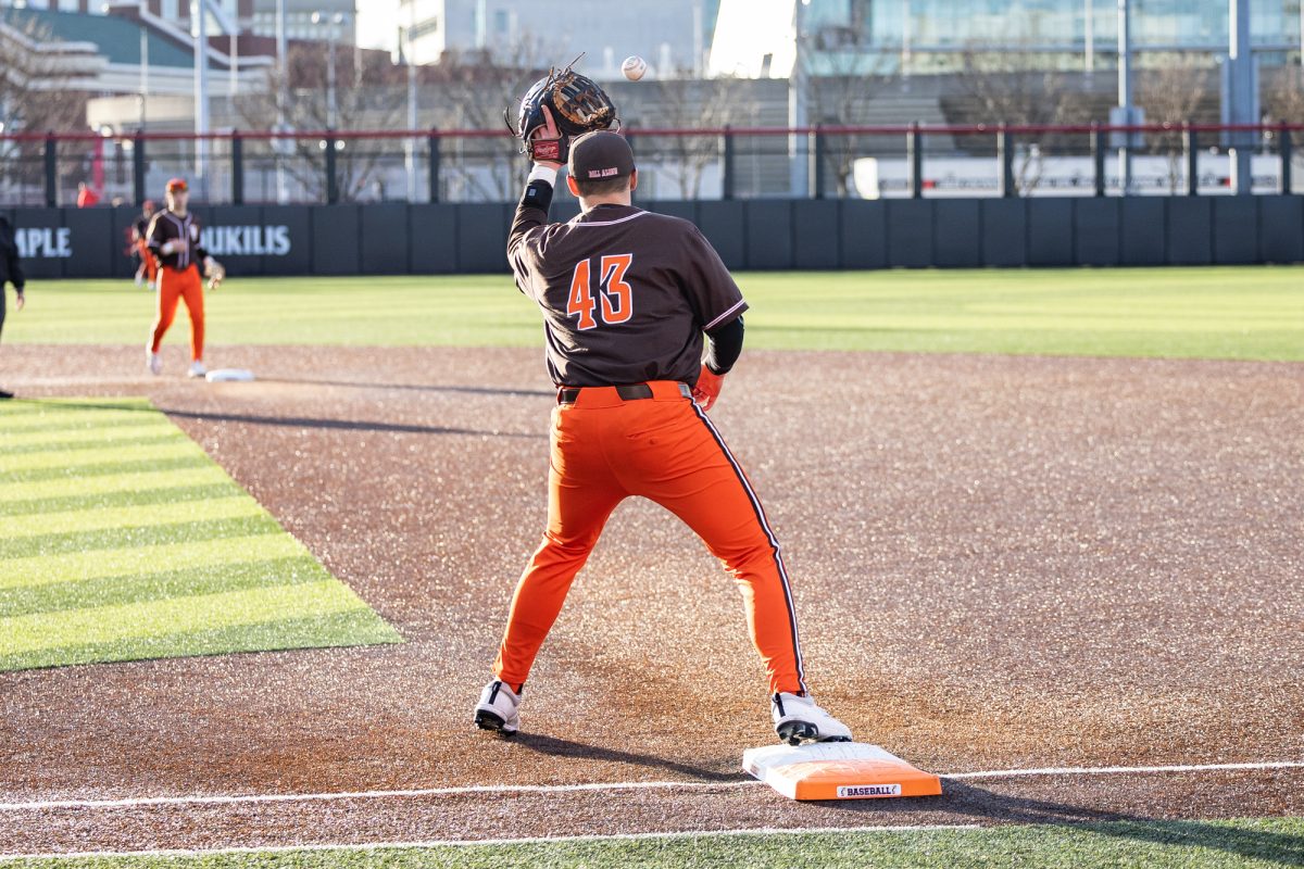 Cincinnati, OH - Falcons redshirt junior infielder Brady Birchmeier (43) receives a throw for an out during a game between the Bowling Green Falcons and the Cincinnati Bearcats at UC Baseball Stadium in Cincinnati, Ohio.