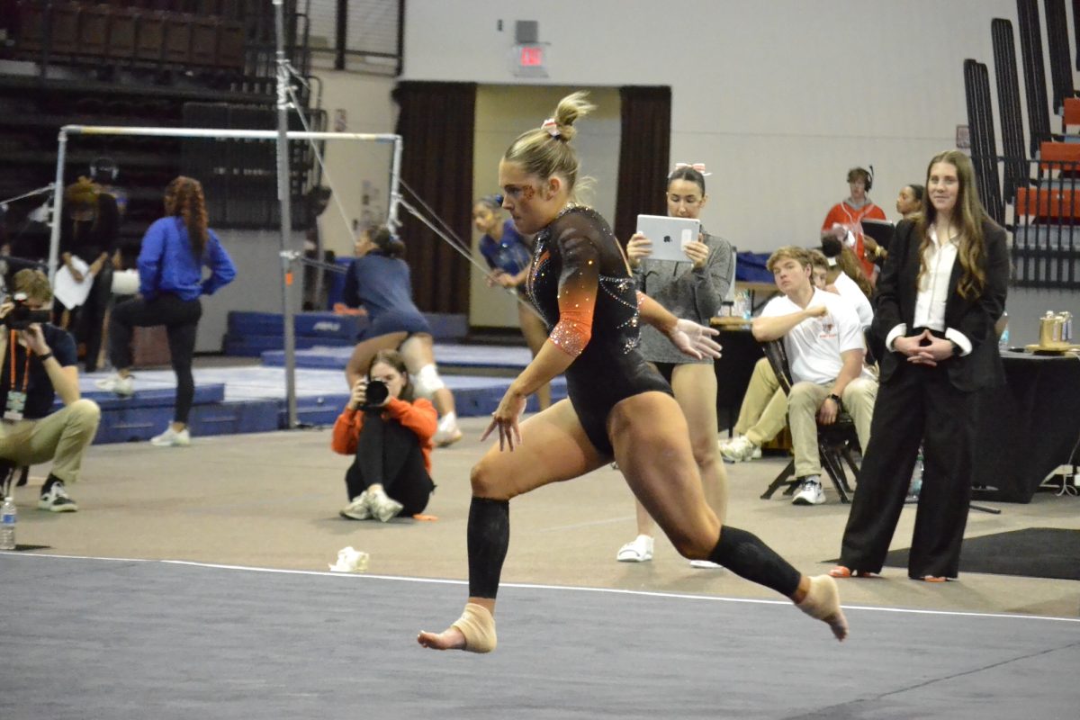 Bowling Green, OH - Falcons junior Keira Thornton during a floor routine at the Stroh Center in Bowling Green, Ohio.