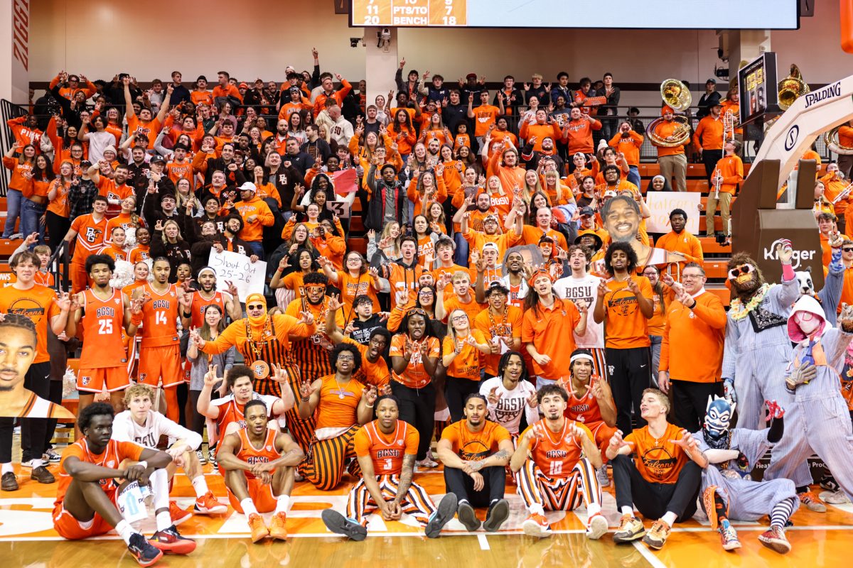 Bowling Green, OH - The Falcons student section celebrates defeating the Toledo Rockets with the men’s basketball team at the Stroh Center in Bowling Green, Ohio.