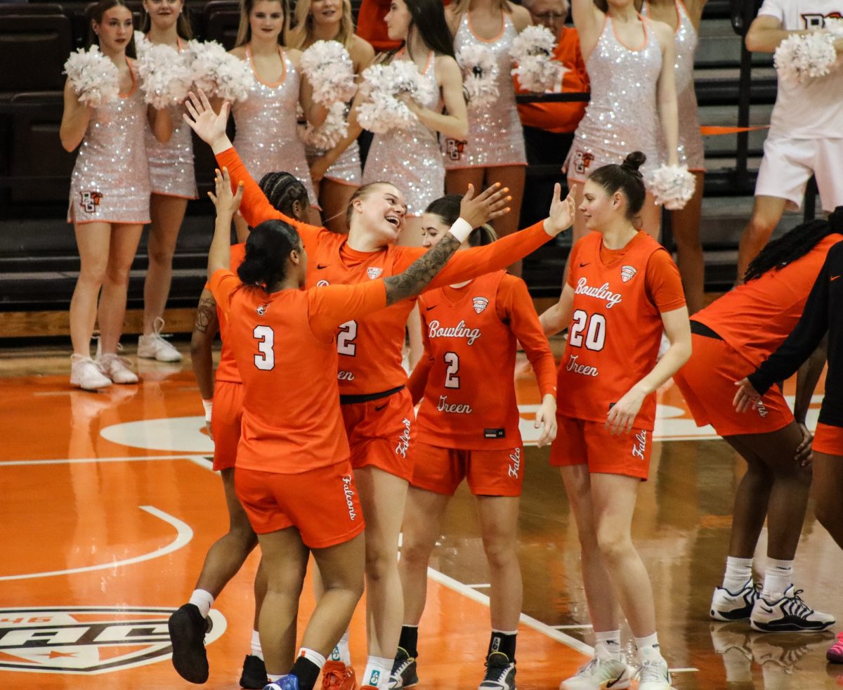 Bowling Green, OH- The BGSU women’s basketball team celebrates a victory at the Stroh Center in Bowling Green, Ohio.