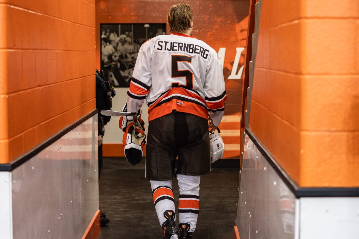 Bowling Green, OH - Falcons junior defenseman Gustav Stjernberg (5) walks off the ice after recording a CCHA record 92nd penalty minute (with a game misconduct) during a game between the St. Thomas Tommies and the Bowling Green Falcons at the Slater Family Ice Arena.