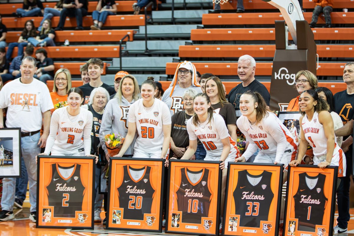 Bowling Green, OH - The Falcons senior celebrate their senior day during a game between the Bowling Green Falcons and the Northern Illinois Huskies at the Stroh Center in Bowling Green, Ohio.