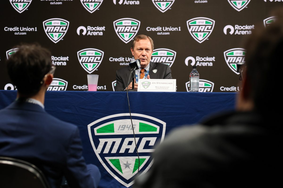 Cleveland, OH - MAC Commissioner Dr. Jon Steinbrecher speaks to the media during the MAC Basketball Tournament at Rocket Arena in Cleveland, Ohio.