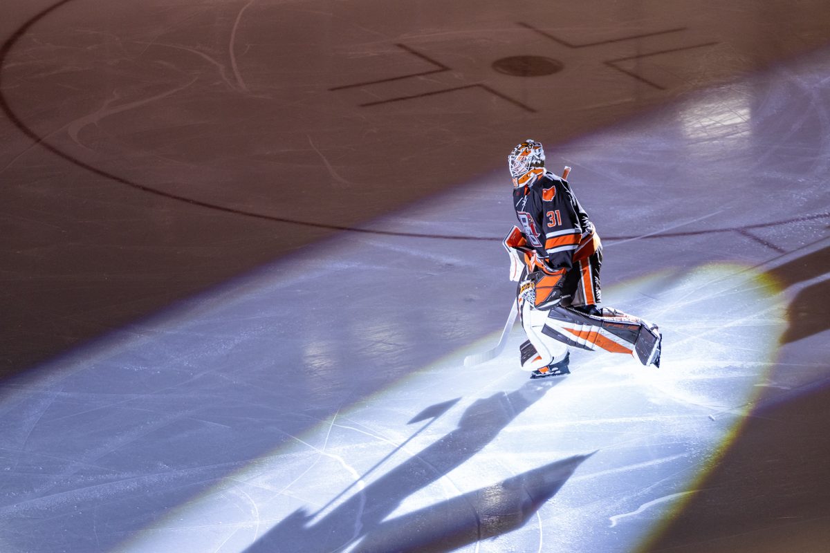Houghton, MI - Falcons sophomore goaltender Tyler Palmer (31) skates to center ice before a game between the Bowling Green Falcons and the Michigan Tech Huskies at the John MacInnes Student Ice Arena, in Houghton, Michigan.