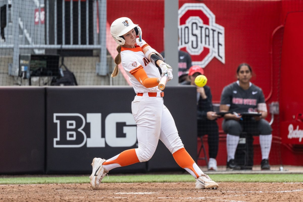 Columbus, OH - Falcons junior shortstop Cameron Kaufman (12) hits a line drive during a game between the Bowling Green Falcons and the Ohio State Buckeyes at Buckeye Field in Columbus, Ohio.