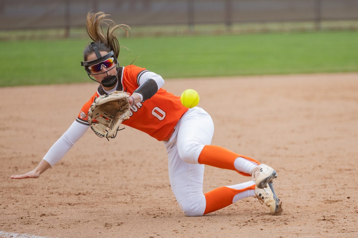 Bowling Green, OH - Falcons redshirt sophomore third baseman  Addie Martin (0) dives for a ball down the line during a game between the Central Michigan Chippewas and the Bowling Green Falcons at Meserve Field in Bowling Green, Ohio.