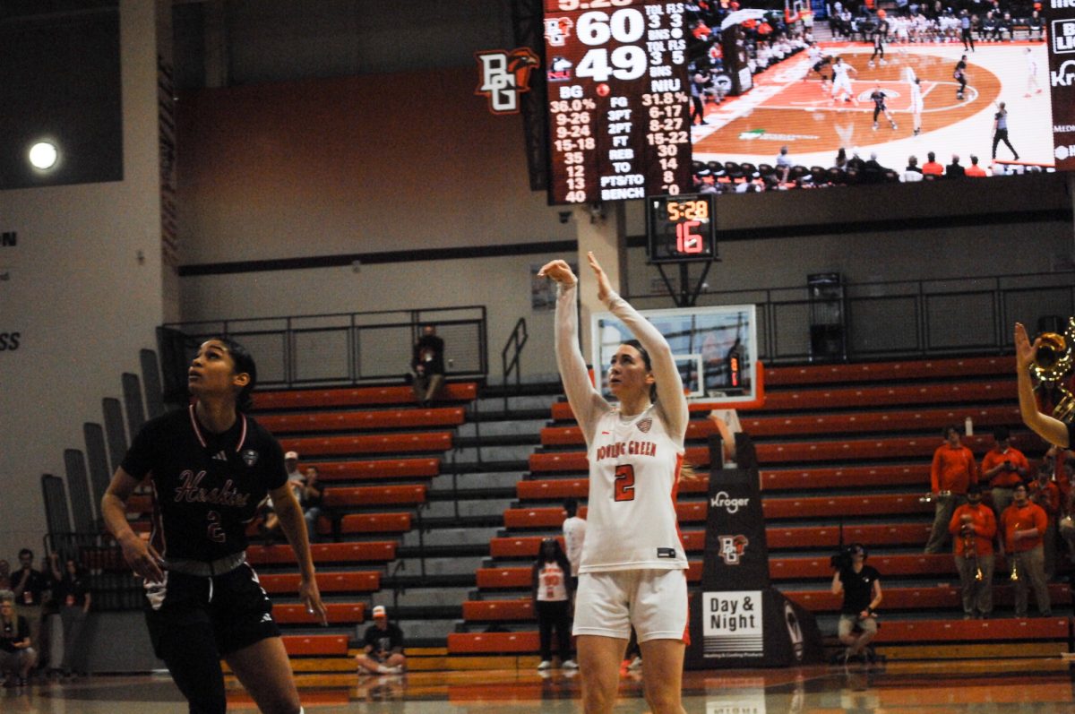 Bowling Green, OH - Falcons senior guard Emily Siesel (2) watches her shot during a game between the Northern Illinois University Huskies and the Bowling Green Falcons at the Stroh Center in Bowling Green, Ohio.