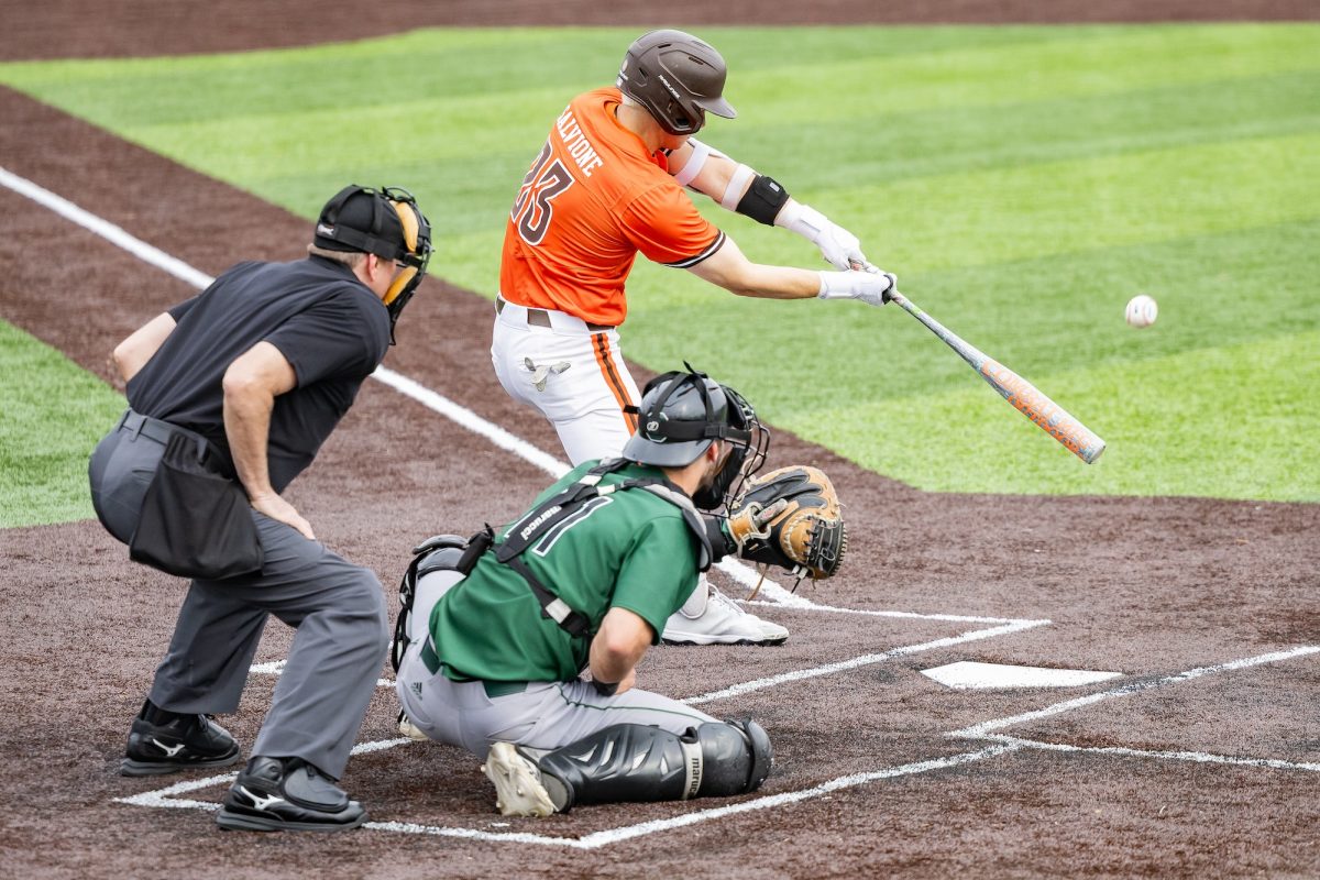 Bowling Green, OH -  Falcons junior infielder Vinny Salvione (23) swings on an outside pitch during a game between the Ohio Bobcats and the Bowling Green Falcons in Bowling Green, Ohio.