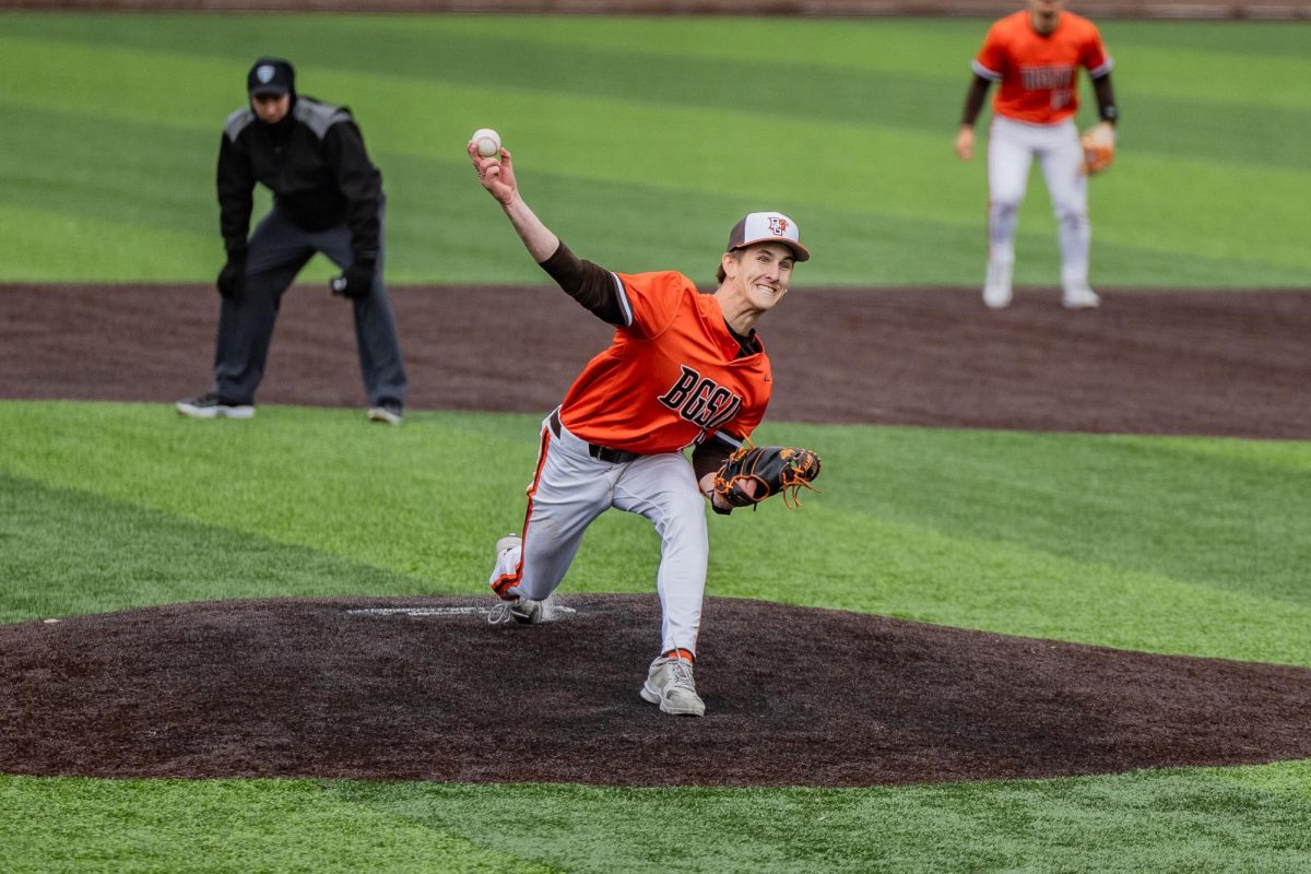 Bowling Green, OH - Falcons sophomore right handed pitcher Micah Smith (8) lets a curveball fly during a game between the Tiffin Dragons and the Bowling Green Falcons at Stellar Field in Bowling Green, Ohio.