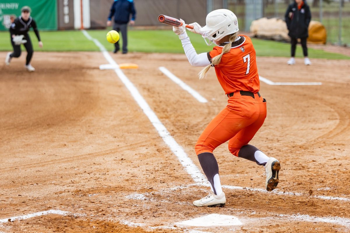 Bowling Green, OH - Falcons junior outfielder Peyton Steffes (7) lays a bunt down during a game between the Buffalo Bulls and the Bowling Green Falcons at Meserve Field in Bowling Green, Ohio.