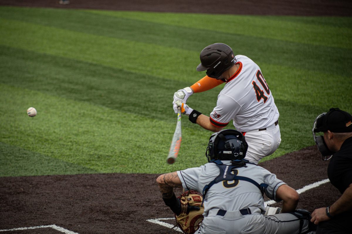 Bowling Green, OH - Falcons redshirt senior infielder Anthony Mitta (40) taking a swing at the plate during a game between the Bowling Green Falcons and the Akron Zips at the Steller Baseball Field in Bowling Green, Ohio.