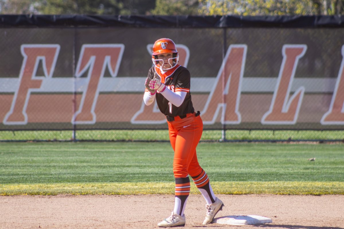 Bowling Green, OH – Falcons freshman outfielder Hannah Simko (1) claps on second base at Meserve Field in Bowling Green, Ohio.