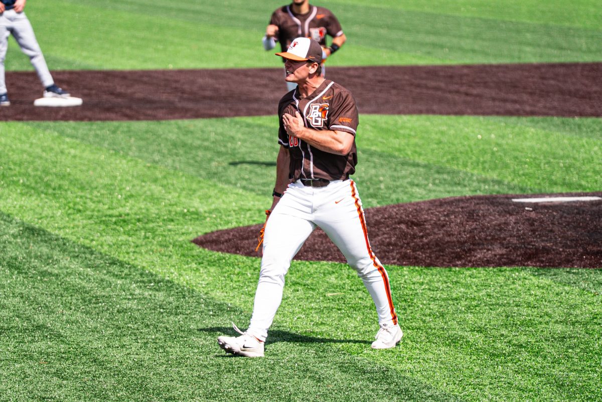 Bowling Green, OH - Falcons redshirt sophomore pitcher Titus Lotz (26) after getting a clutch out during a game between the Akron Zips and the Bowling Green Falcons at Stellar Field in Bowling Green, Ohio.