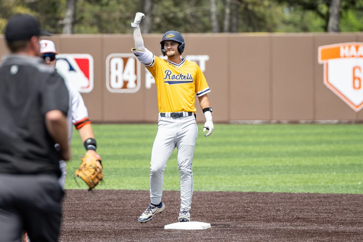 Bowling Green, OH - Rockets junior left fielder JP Wagner (12) celebrates after a double during a game between the Toledo Rockets and the Bowling Green Falcons at Stellar Field in Bowling Green, Ohio.