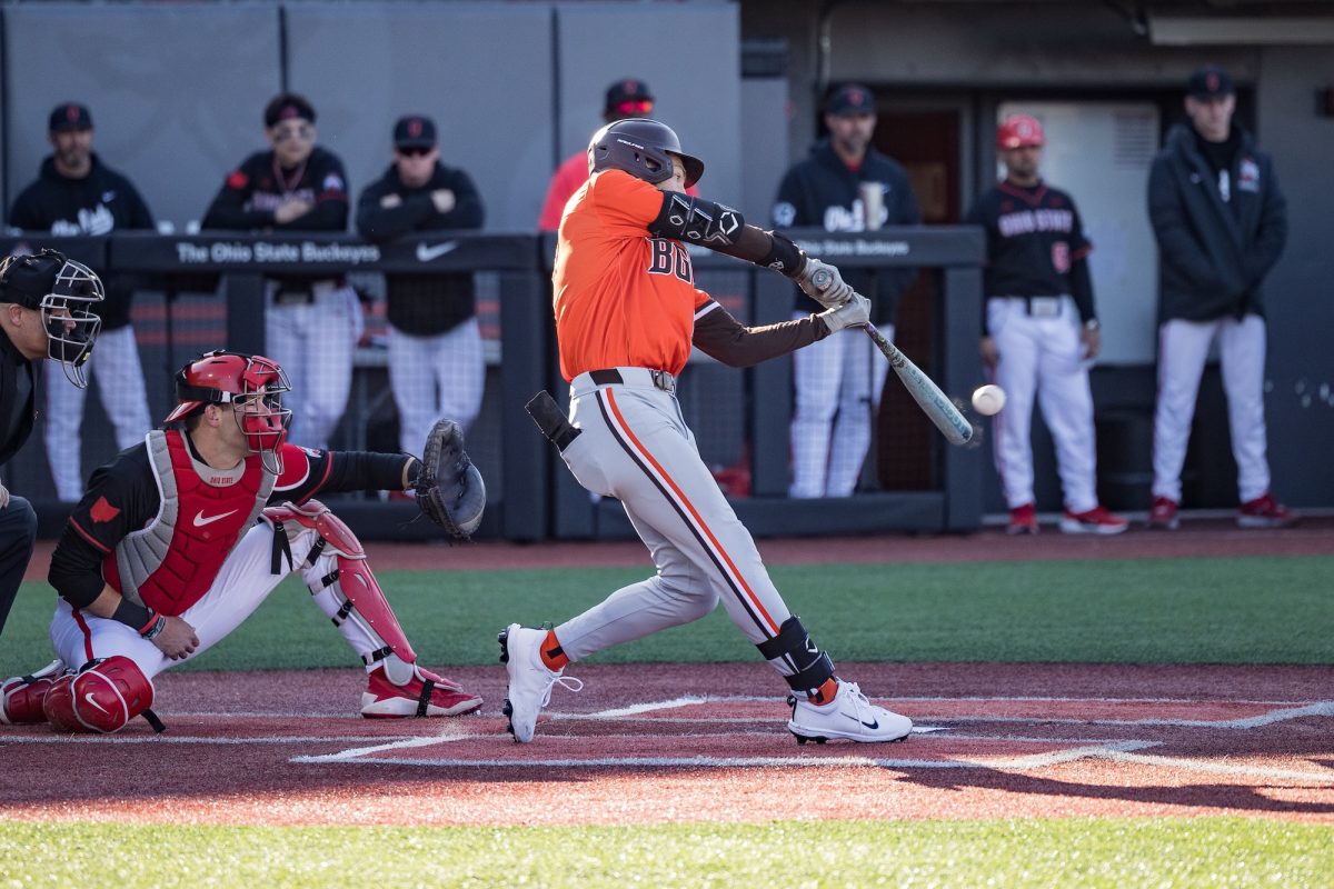 Columbus, OH - Falcons sophomore outfielder Carter Mottice (17) leads off the game with a triple at Bill Davis Stadium in Columbus, Ohio.