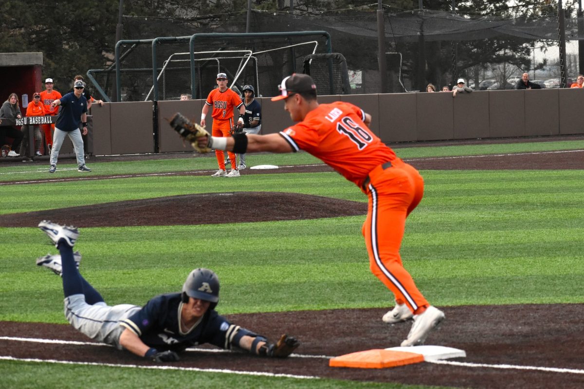 Bowling Green, OH - Falcons redshirt-sophomore infielder Alex Laird (16) makes a force out at first base during game three of a series against the Akron Zips at Steller Field in Bowling Green, oh.