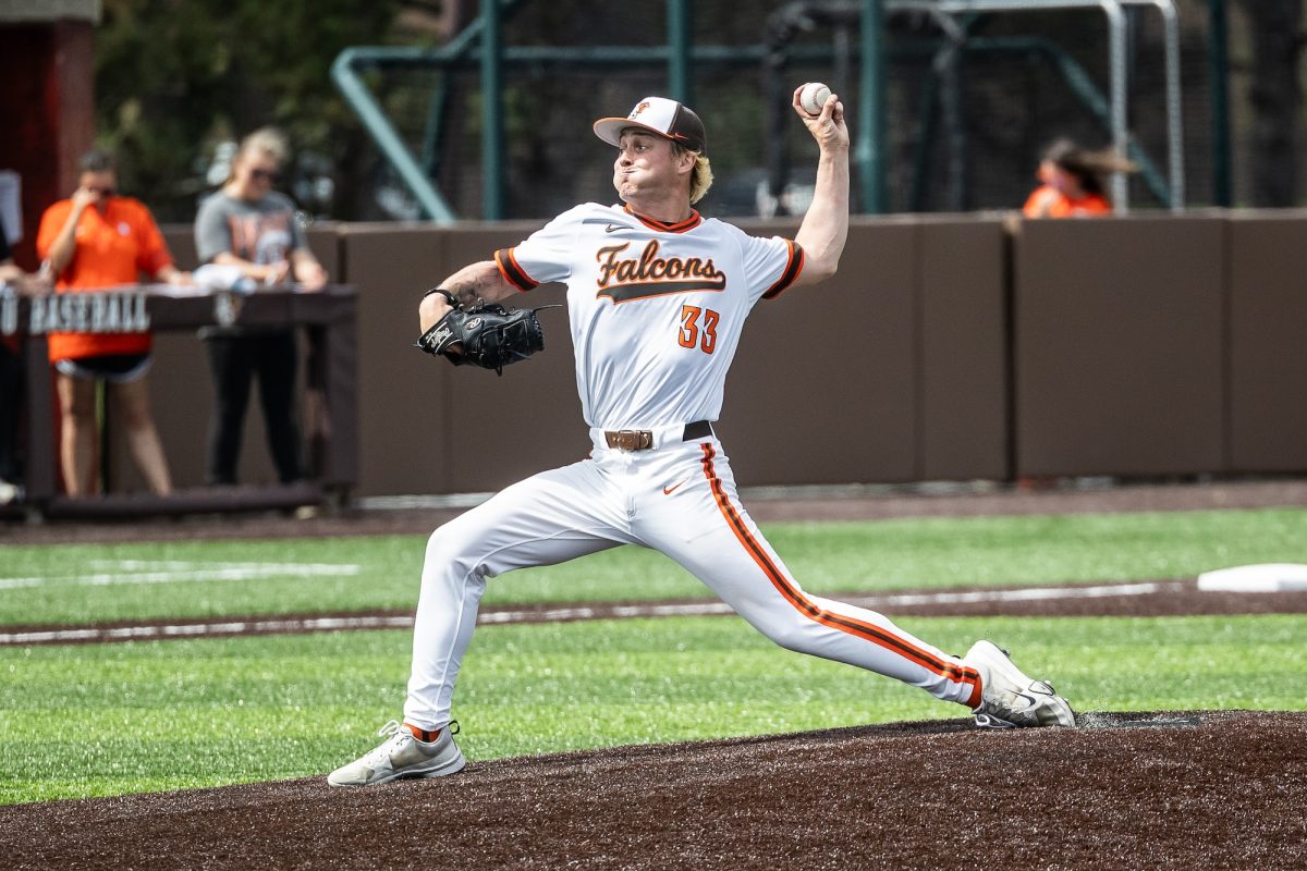 Bowling Green, OH - Falcons freshman left handed pitcher Joey Buchanan (33) throws a pitch during a game between the Dayton Flyers and the Bowling Green Falcons at Stellar Field, in Bowling Green, Ohio.