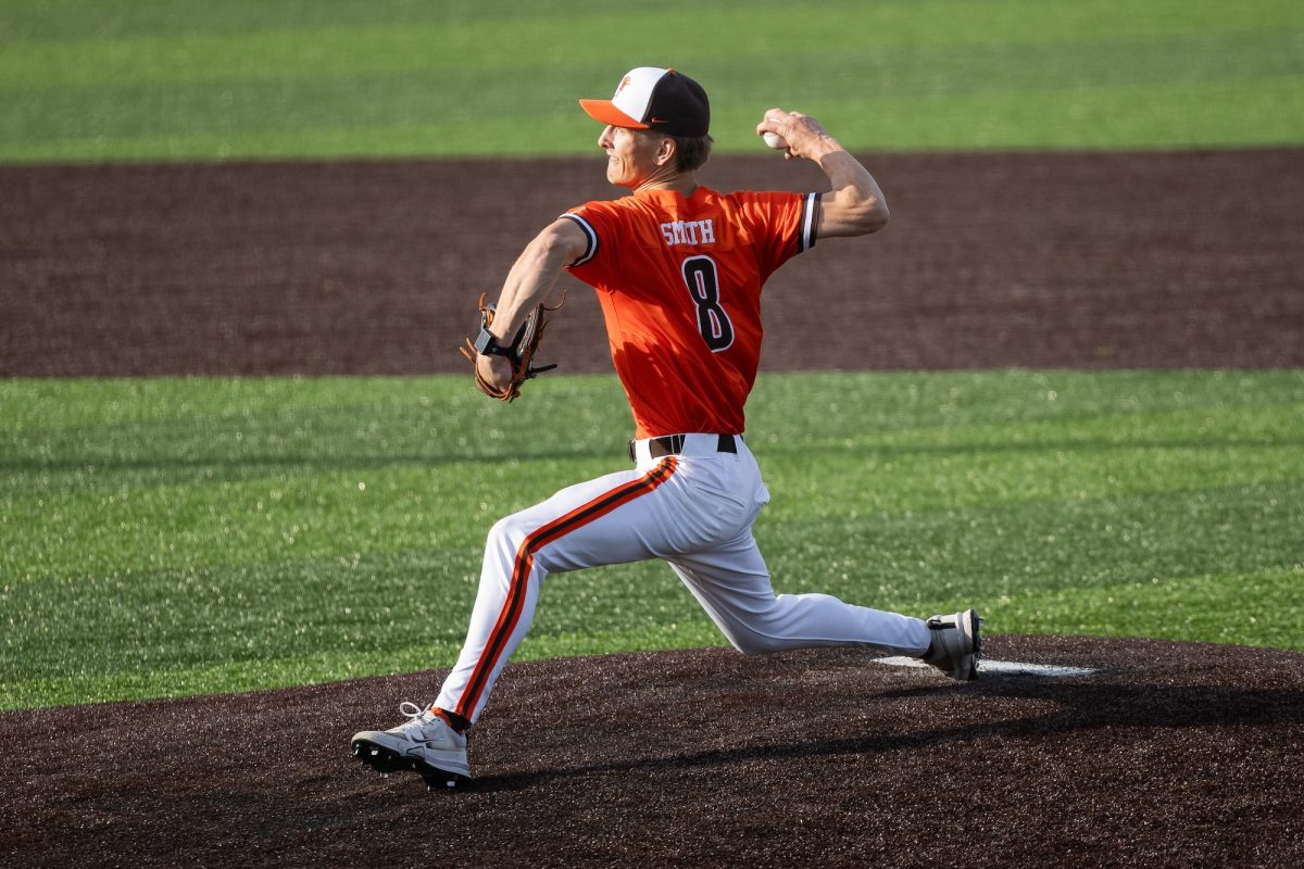 Bowling Green, OH - Falcons sophomore pitcher Micah Smith (8) throws at pitch at Steller Field, in Bowling Green, Ohio.