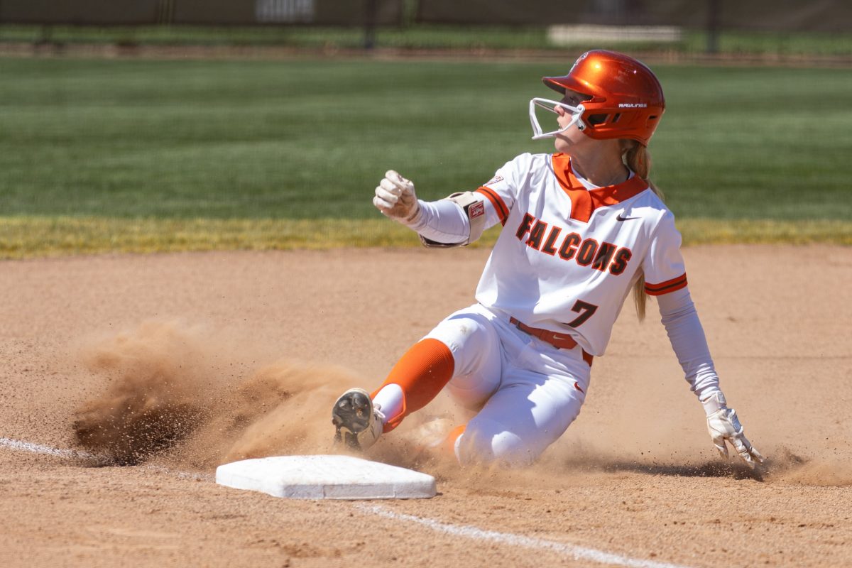 Bowling Green, OH - Falcons junior outfielder Peyton Steffes (7) slides into third base at Meserve Field in Bowling Green, Ohio.