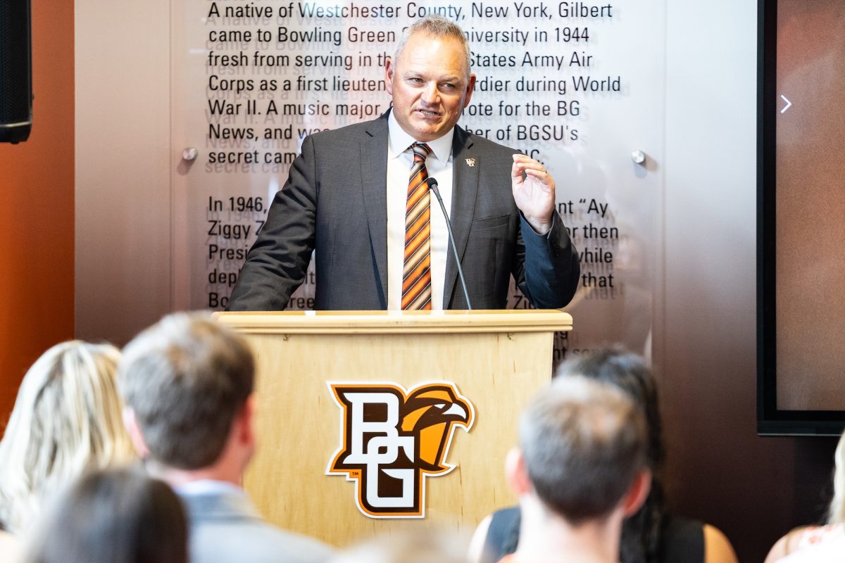 Bowling Green, OH - BGSU Vice President for Athletics Strategy and Director of Athletics, Derek van den Merwe speaks at an introductory press conference for the new women’s tennis head coach Autumn Williams on May 18, 2026, in the Stroh Center in Bowling Green, Ohio.