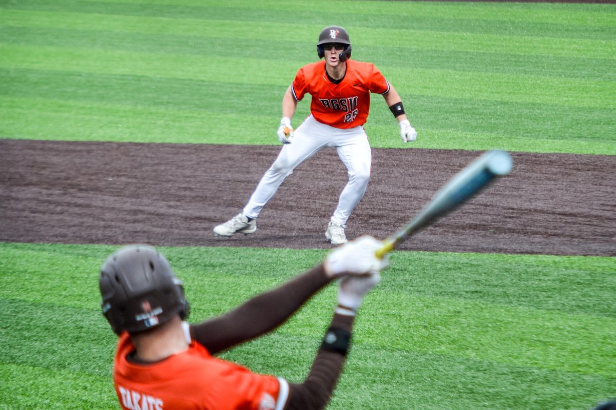 Bowling Green, OH – Falcon freshman catcher Andrew DiLodovico (25) leads off of first base during a game between the Western Michigan Broncos and the Bowling Green Falcons at Steller Field in Bowling Green, Ohio.